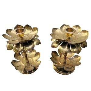 Pair of VTG Brass Lotus Flower PARZINGER Style Candle Holder Hollywood Regency